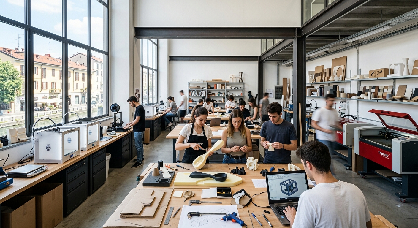 Modern design studio at NABA Milan campus in the Navigli district, students working on product prototypes and 3D models, industrial design tools and materials on workbenches, large windows with natural light, contemporary Italian architecture