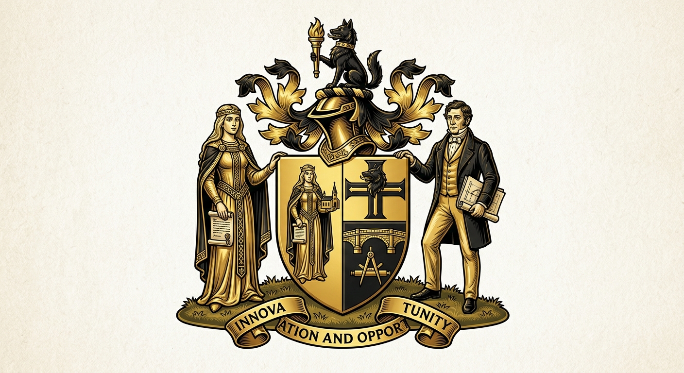 University of Wolverhampton official logo, shield crest featuring Lady Wulfrun and Thomas Telford supporters, gold and black color scheme, university motto Innovation and Opportunity