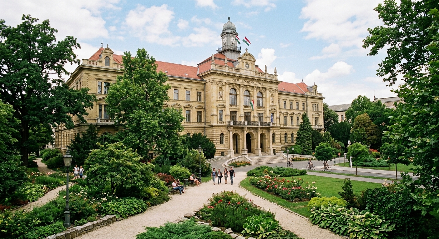 University of Pécs Faculty of Humanities building on Ifjúság street with botanical garden visible, classical European university architecture, green trees and landscaped grounds