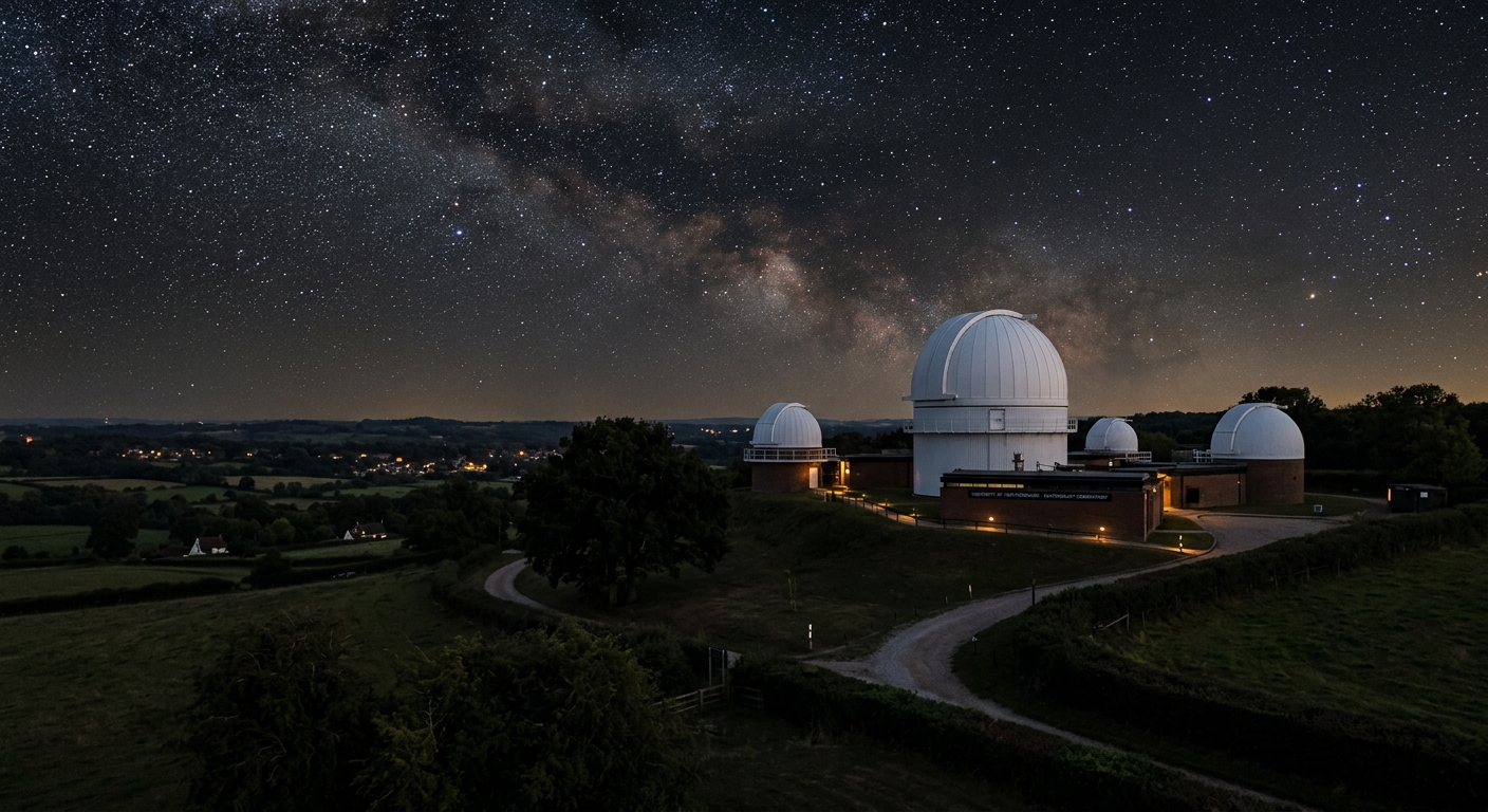 Bayfordbury Observatory at University of Hertfordshire, telescope domes against a starry night sky, surrounded by Hertfordshire countryside