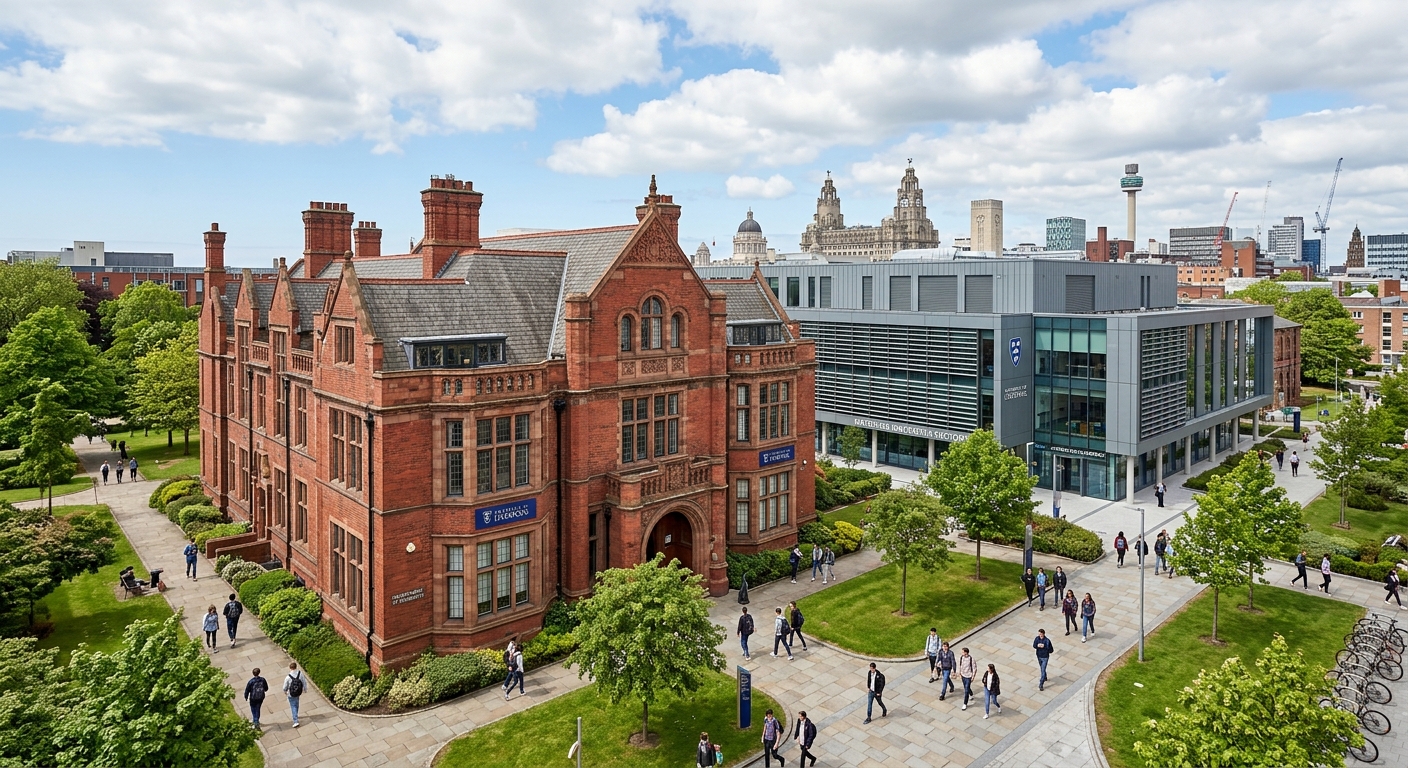 University of Liverpool Department of Chemistry building with red brick Victorian architecture, modern Materials Innovation Factory in background, green campus grounds, students walking along pathways, Liverpool city skyline visible