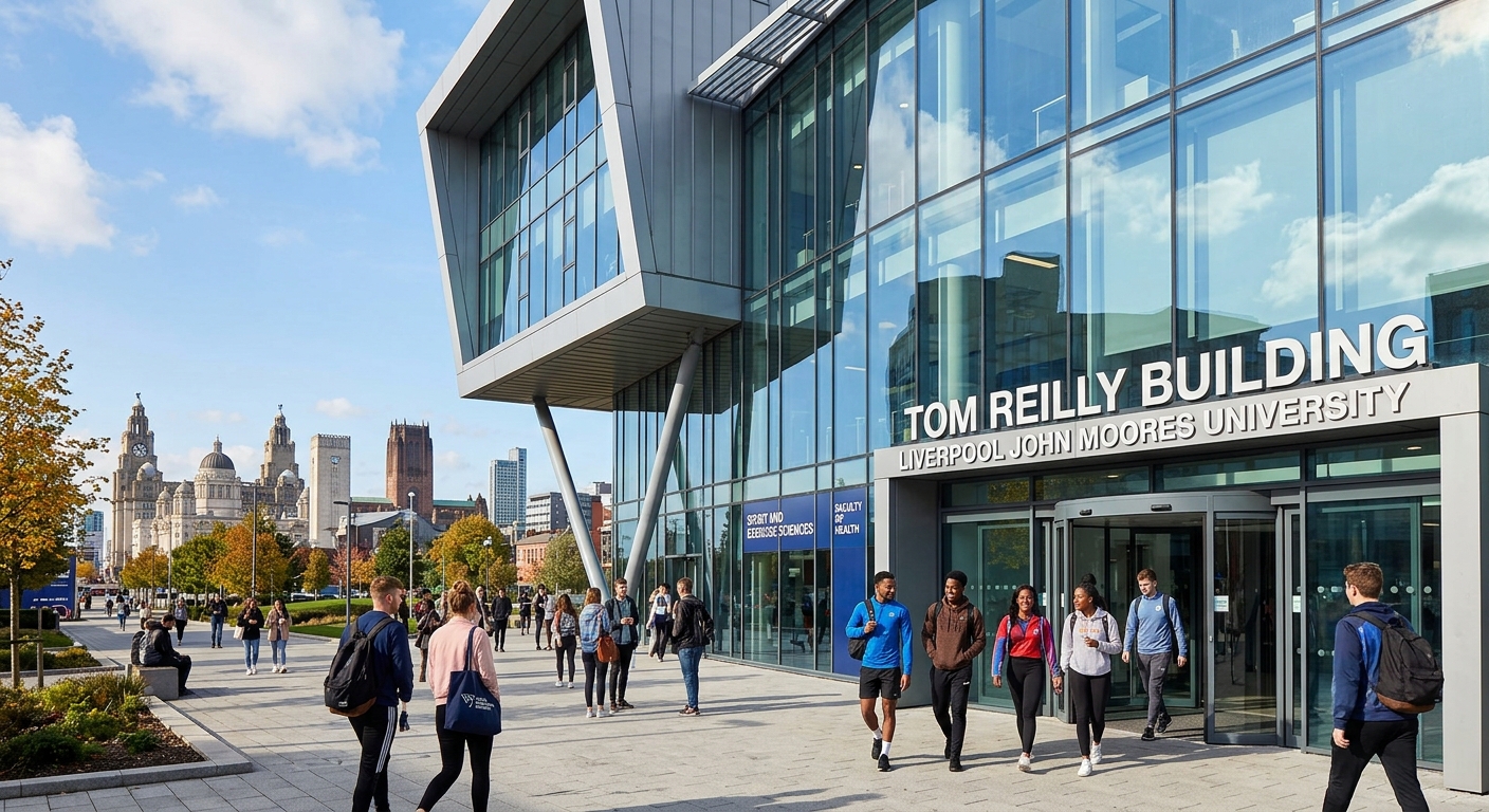 LJMU Tom Reilly Building exterior, modern architecture with glass facade, students entering through main doors, sports science facility, Liverpool cityscape visible