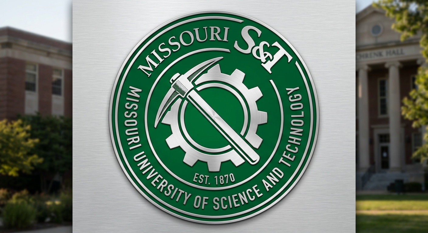 Missouri University of Science and Technology official logo, green and silver colors, pickaxe and gear emblem, text reading Missouri S&T