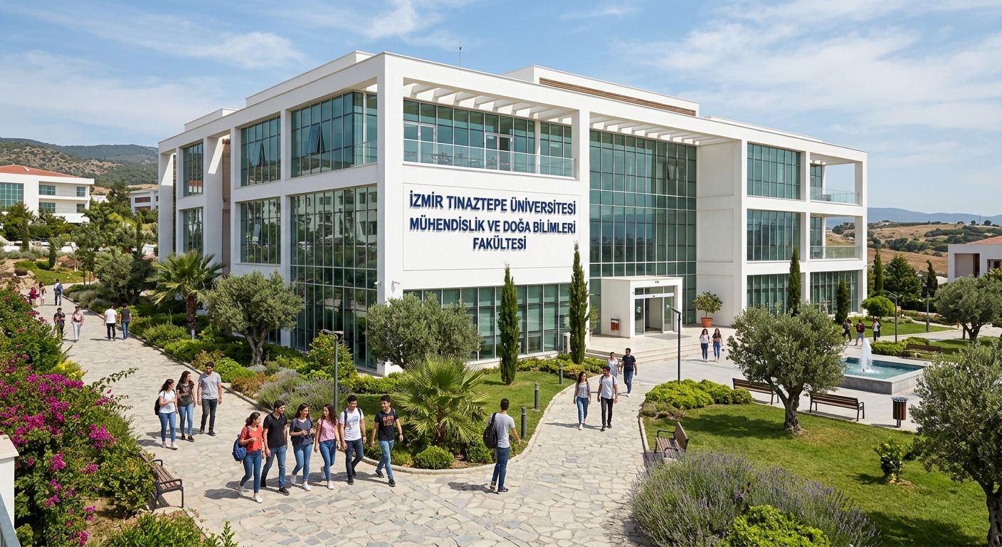 Modern white faculty building of İzmir Tınaztepe University with large glass windows, students walking on pathways, green landscaping, Mediterranean-style architecture