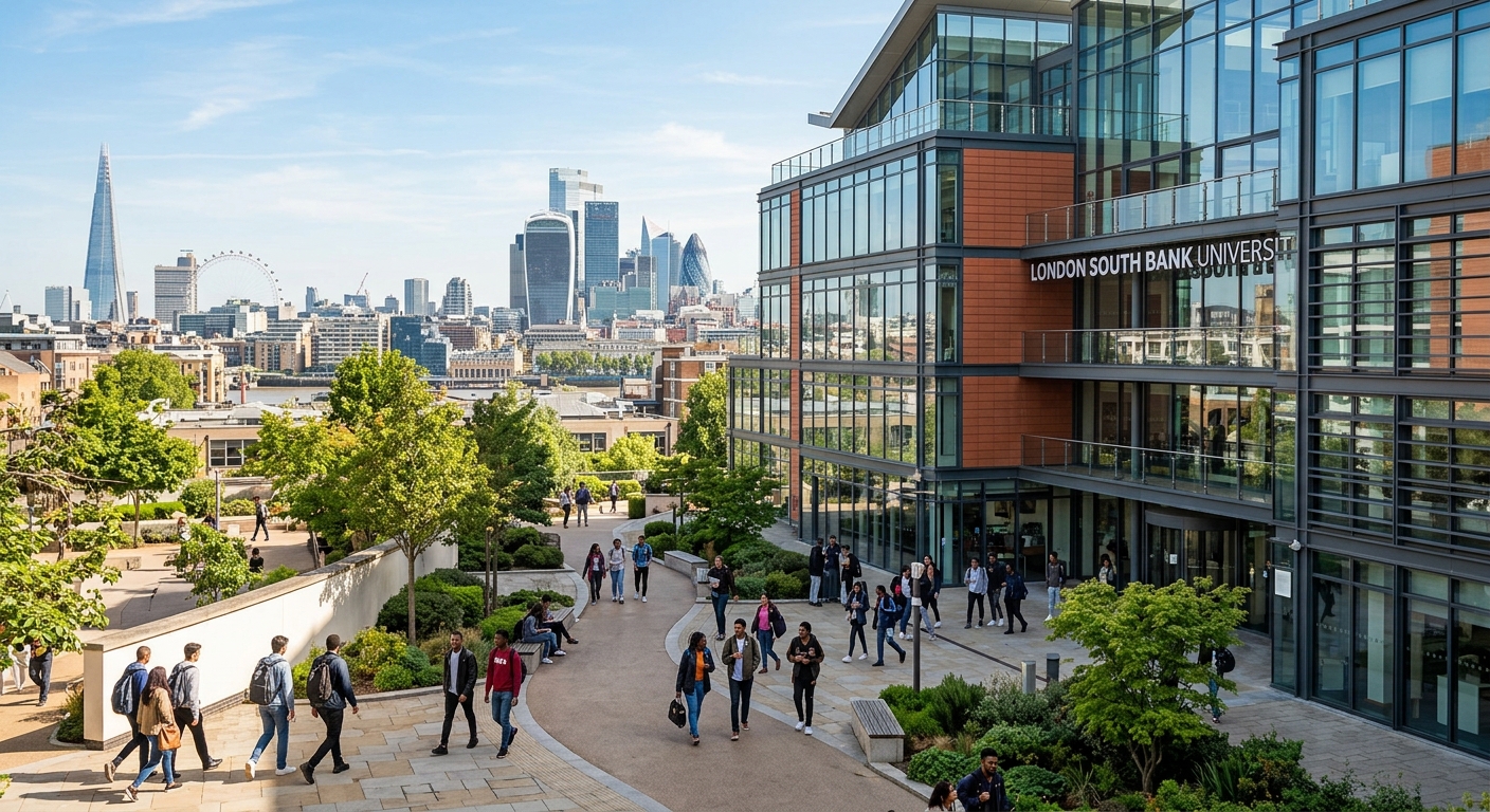 Modern university campus building at London South Bank University with students walking through courtyard, urban London skyline in background, contemporary architecture with glass facades, sunny day