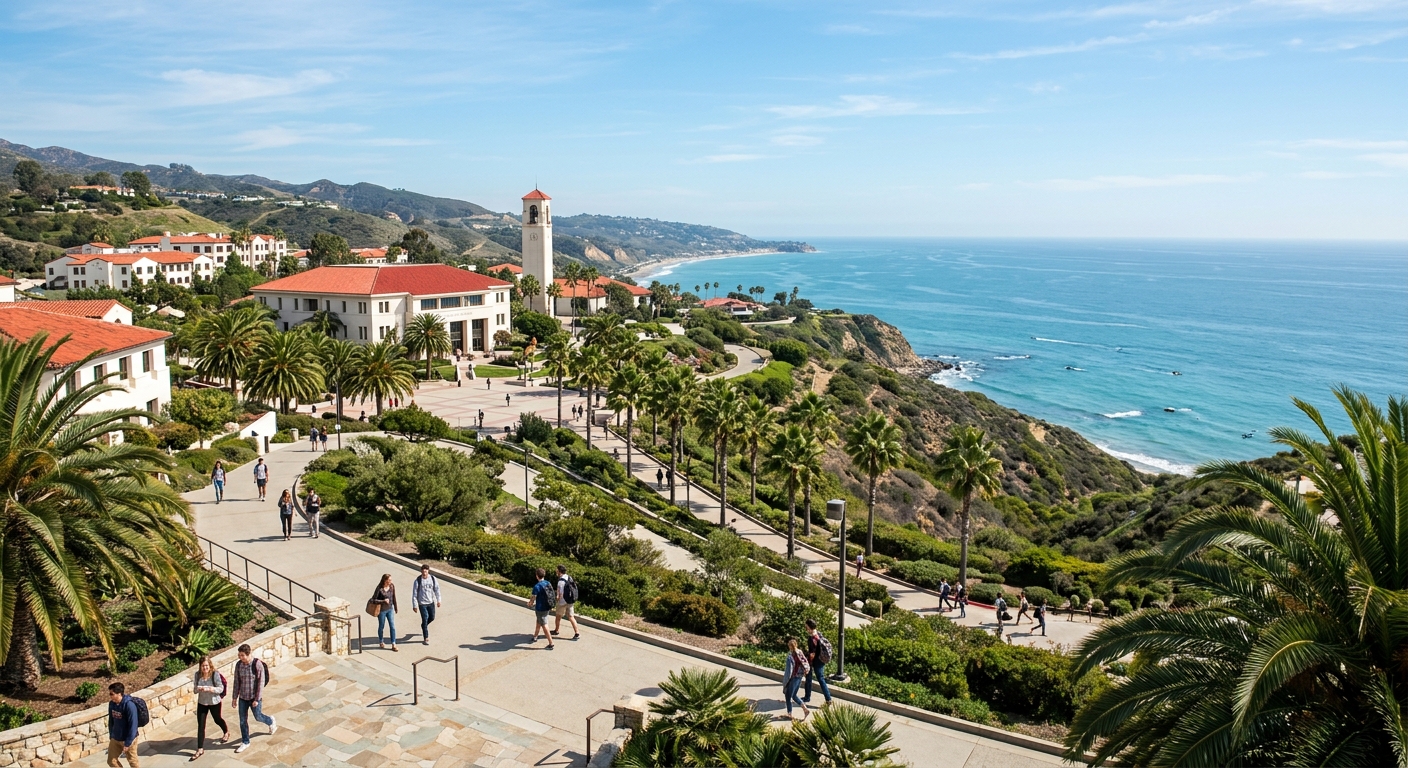 Pepperdine University Malibu campus overlooking the Pacific Ocean, Mediterranean-style white stucco buildings with red tile roofs, palm trees, and blue sky, students walking on campus pathways
