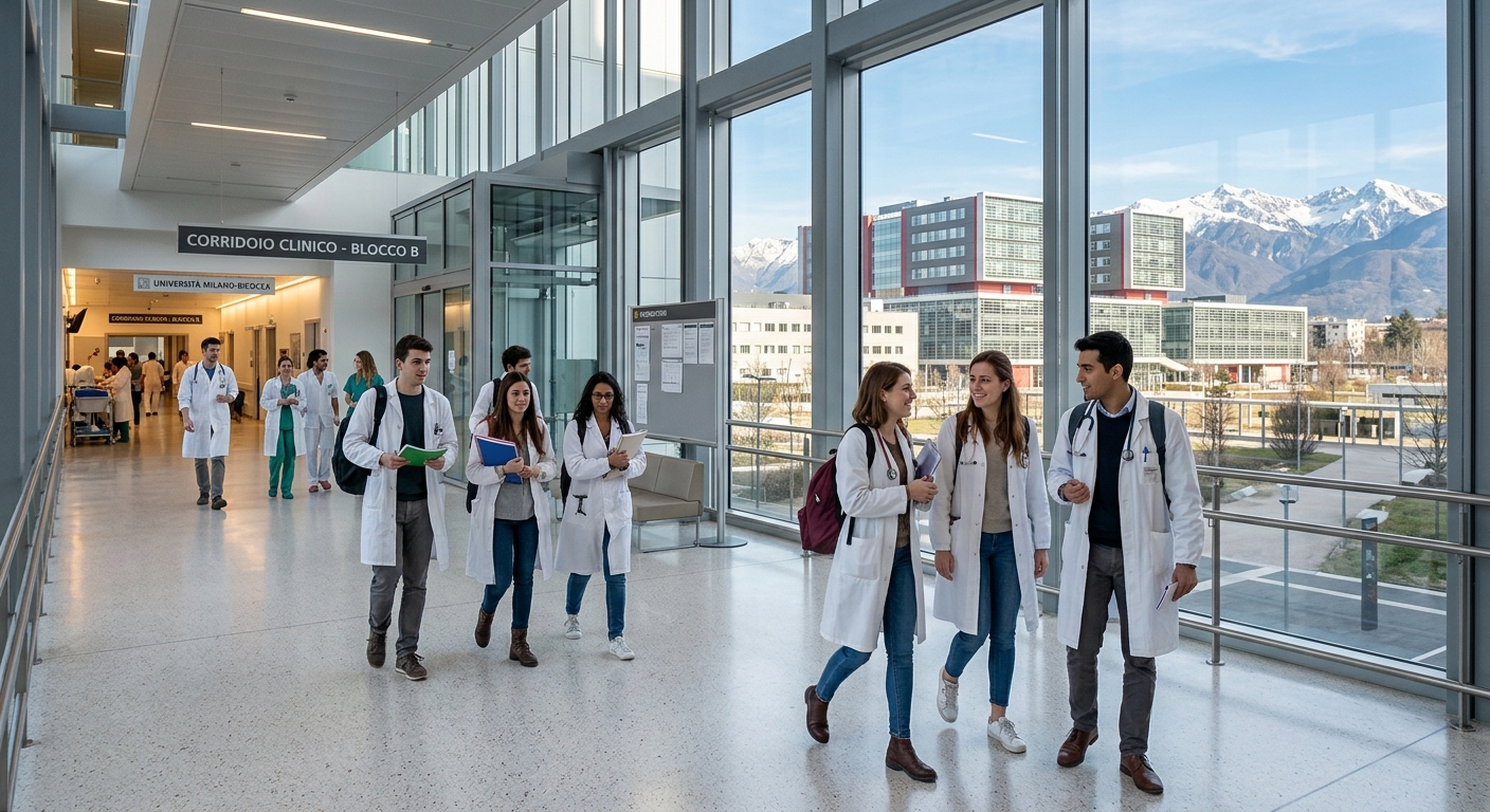 Modern medical campus at Papa Giovanni XXIII Hospital in Bergamo, Italy, with medical students in white coats walking through a bright clinical corridor, university buildings visible in the background against the Italian Alps