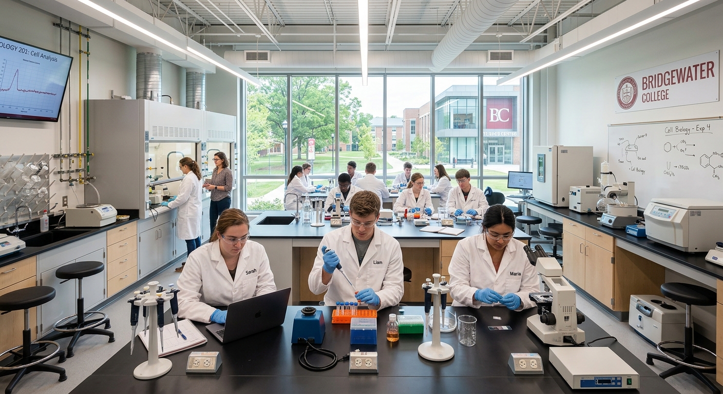 Modern science laboratory interior at Bridgewater College with students conducting experiments, bright natural lighting, lab equipment and workstations
