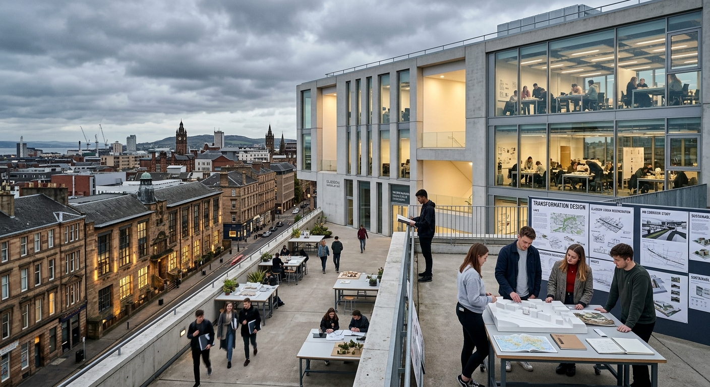 Glasgow School of Art campus building with modern design studios, students collaborating on transformation design projects, urban Glasgow cityscape in background, overcast Scottish sky