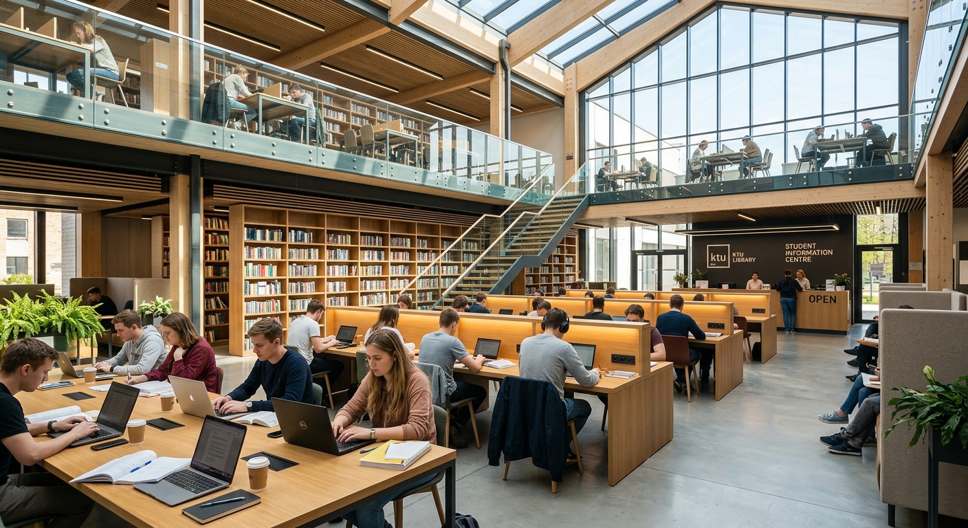 KTU university library and student information centre, modern interior with study desks, bookshelves, students reading and using computers, natural light