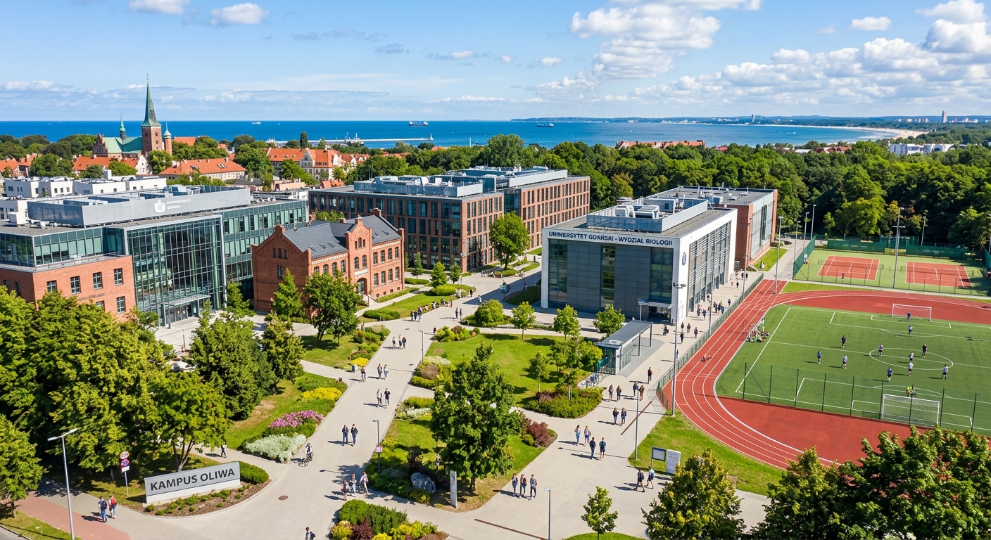 Modern university campus in Gdansk Oliwa district with green trees, historic architecture, students walking near sports facilities, Baltic Sea coastline visible in the background, sunny day