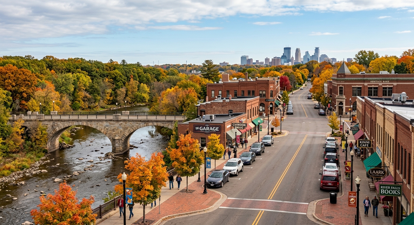 River Falls Wisconsin downtown streetscape, charming small-town main street, Kinnickinnic River bridge, autumn trees, quaint shops and restaurants, Minneapolis skyline visible in distance
