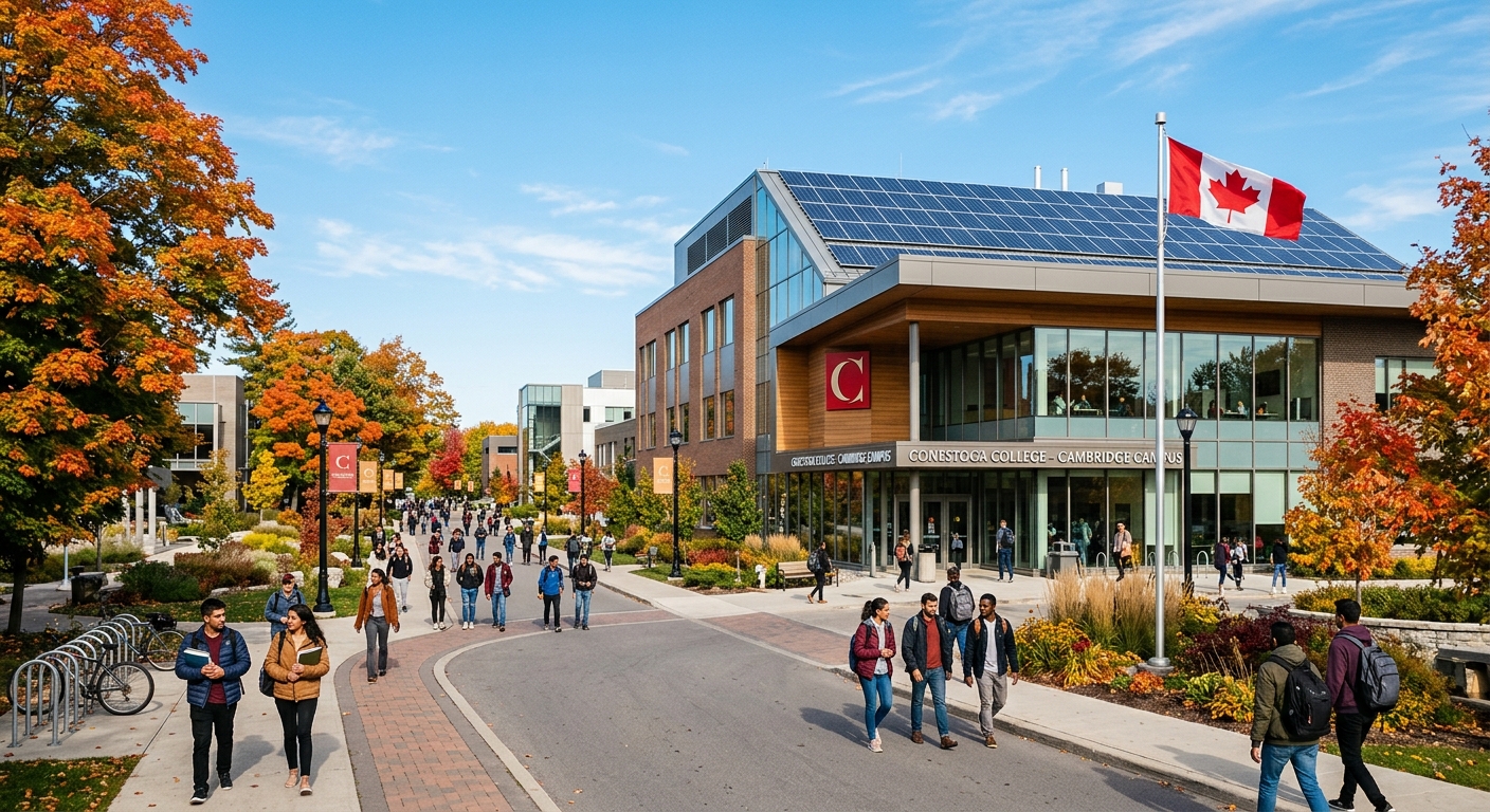 Modern college campus building at Conestoga College Cambridge with solar panels on rooftop, students walking along tree-lined pathways, Canadian flag visible, bright autumn day with clear blue sky