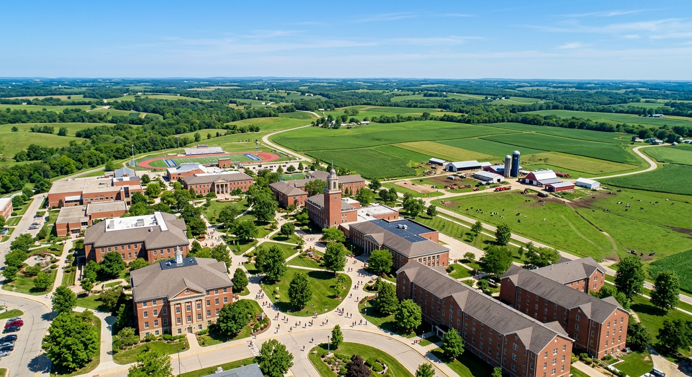 Aerial view of University of Wisconsin-Platteville campus with green agricultural fields and the Pioneer Farm in the background, students walking between brick academic buildings under a clear blue sky