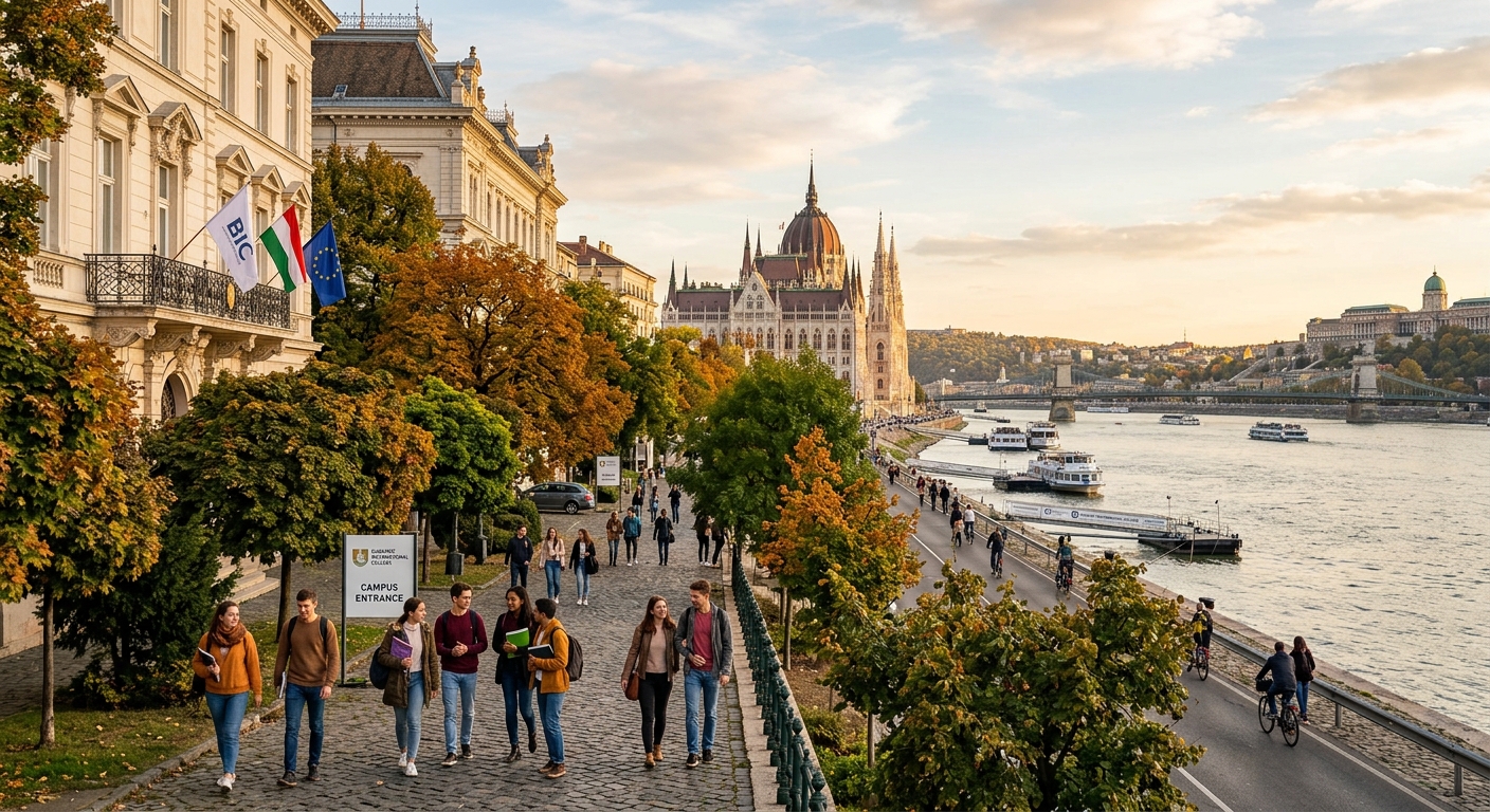 Budapest International College campus area near the Danube River, historic Budapest skyline with Parliament Building in background, European-style architecture, students walking on tree-lined pathways, warm afternoon light