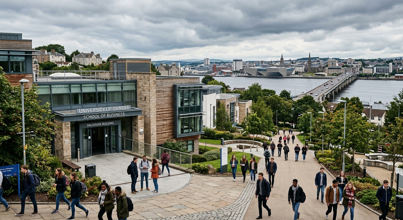 University of Dundee School of Business campus building with modern architecture, students walking along pathways, Scottish cityscape with the River Tay visible in the background, overcast sky typical of Scotland