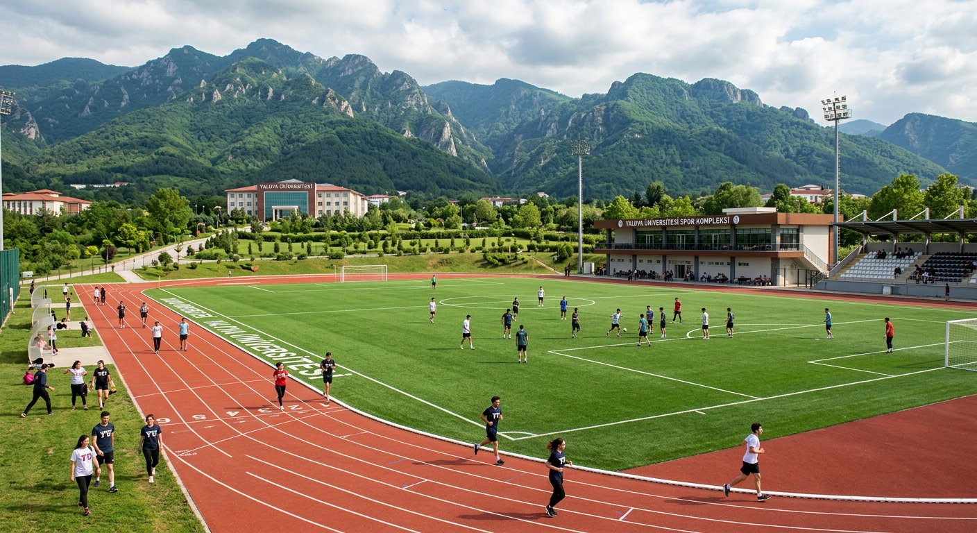 Yalova University sports complex with outdoor fields, running track, green grass, students exercising, mountains in background