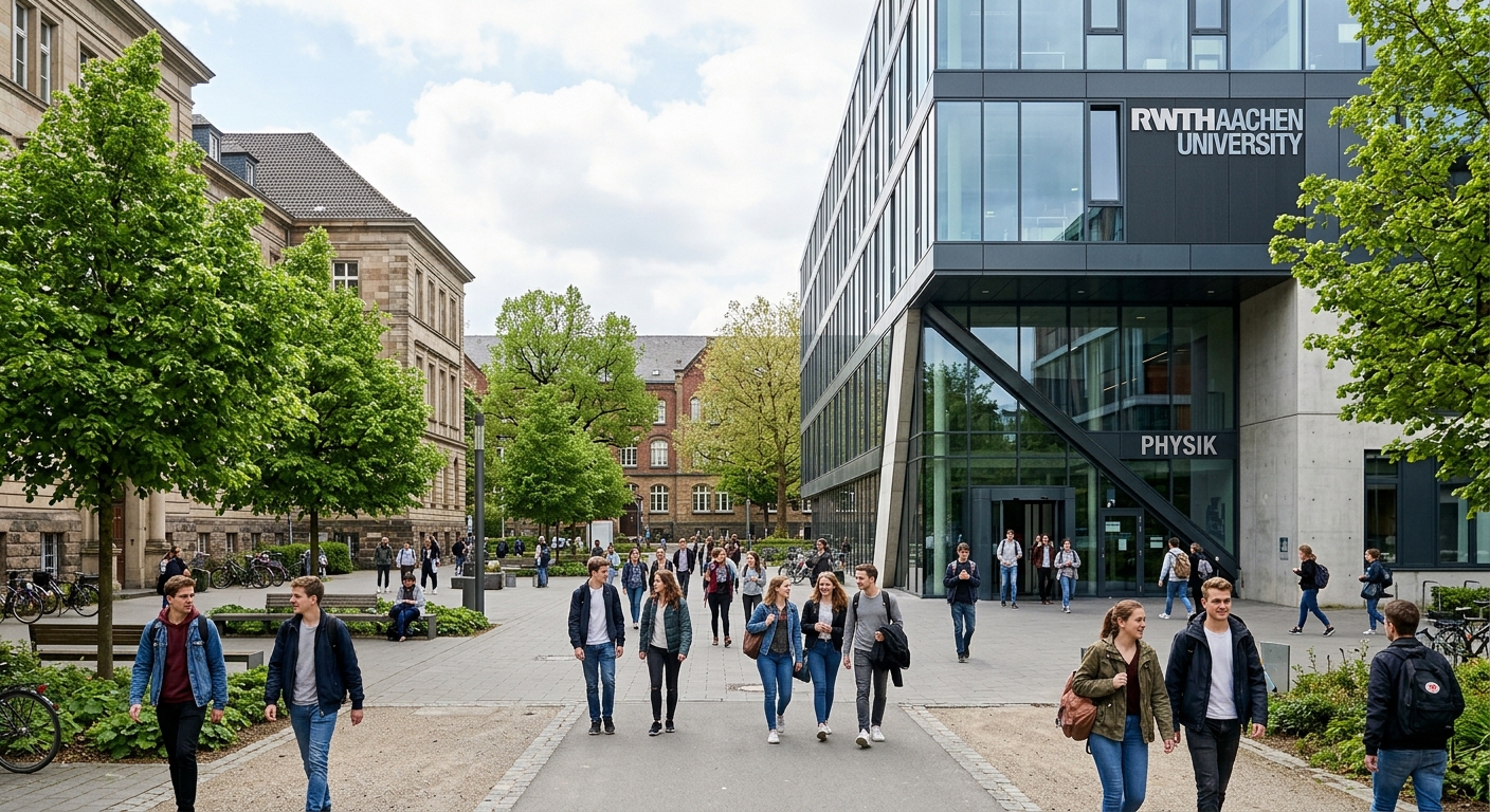 RWTH Aachen University Physics building with modern architecture, students walking across campus courtyard, European university setting with green trees and historic stone facades in Aachen, Germany
