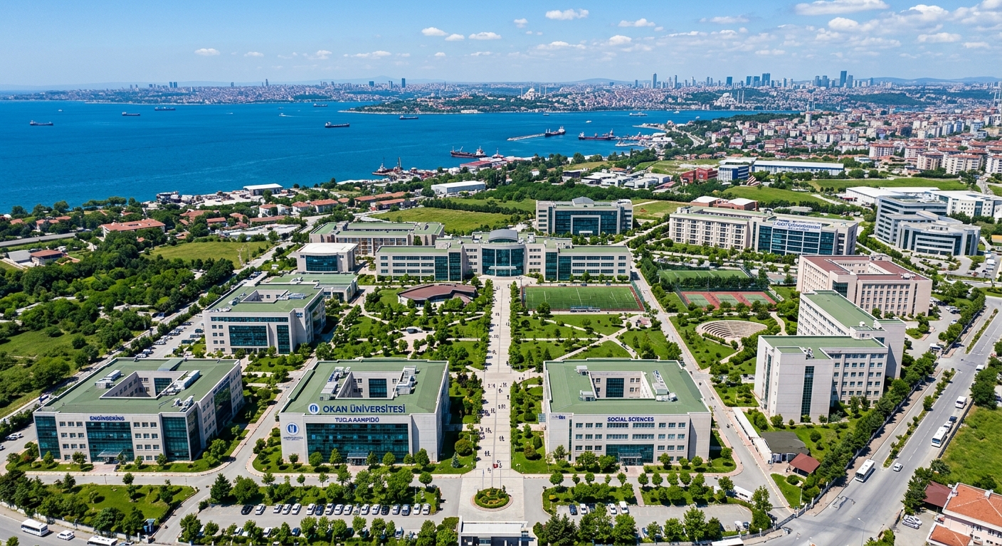 Istanbul Okan University Tuzla campus aerial view with modern buildings, green courtyards, and the Sea of Marmara visible in the background, urban Istanbul skyline in the distance