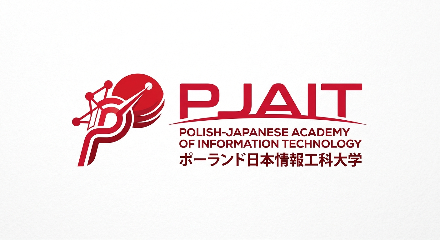 Polish-Japanese Academy of Information Technology PJAIT official logo, featuring stylized text with Polish and Japanese design elements, red and white color scheme