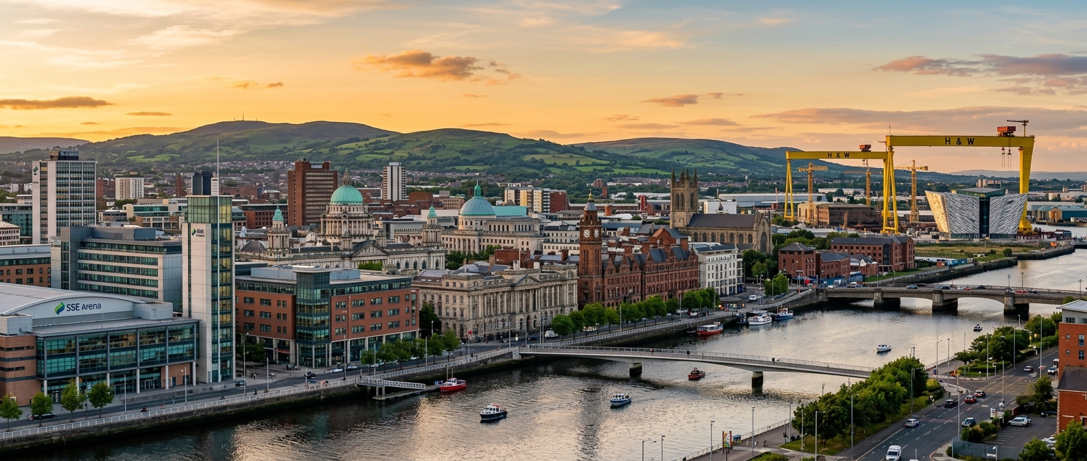 Belfast city skyline panoramic view, River Lagan in foreground, Harland and Wolff cranes in background, modern buildings alongside Victorian architecture, green hills in distance, golden hour lighting
