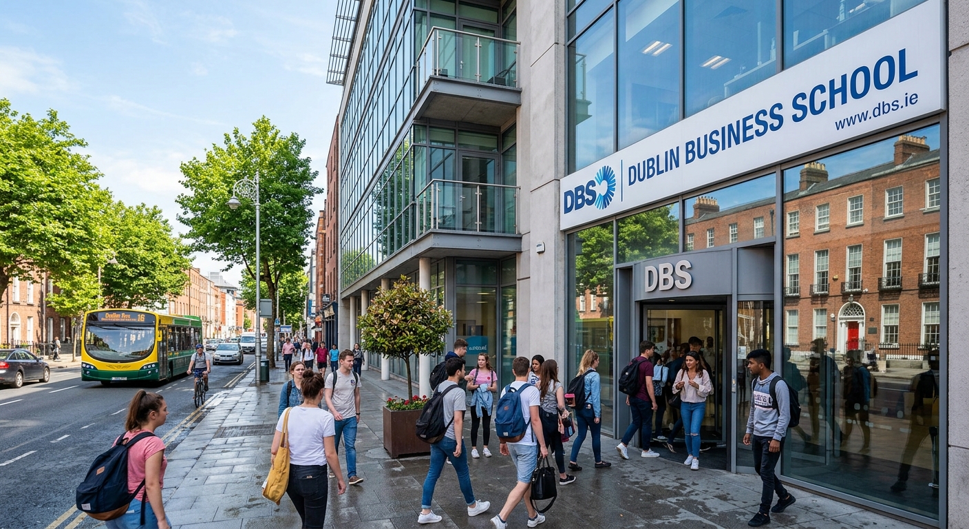 Modern Dublin Business School campus building on Aungier Street in Dublin city centre, students walking through glass-fronted entrance, Georgian architecture visible in background, sunny day with green trees lining the street