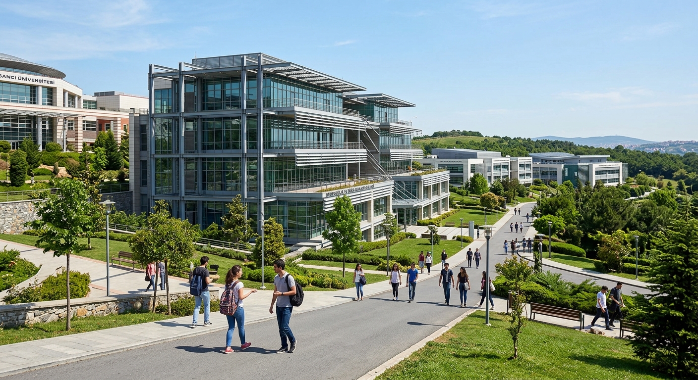 Modern Sabanci University campus in Istanbul Turkey with contemporary glass and steel engineering buildings, green landscaped grounds, students walking between faculty buildings, clear sky background
