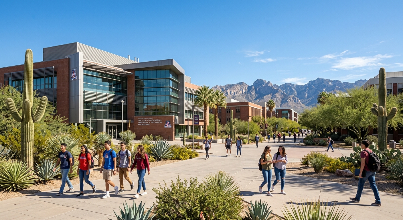 University of Arizona campus in Tucson with desert landscape, modern engineering building, students walking on sunlit pathways with saguaro cacti and mountain backdrop under clear blue sky