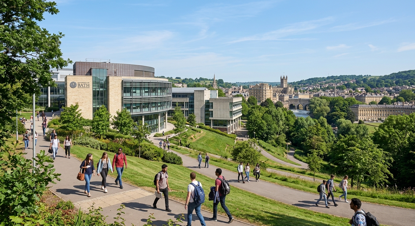 University of Bath hilltop campus with modern architecture surrounded by green parkland, historic city of Bath visible in the background, students walking along pathways under clear skies