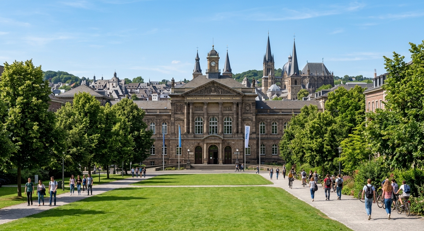 RWTH Aachen University main building facade with neoclassical architecture, green lawn in foreground, students walking along tree-lined pathways, Aachen cityscape visible in background, clear blue sky