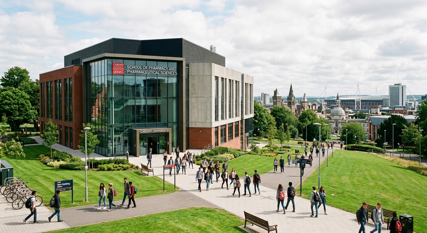 Cardiff University School of Pharmacy and Pharmaceutical Sciences building exterior, modern academic campus with green lawns, students walking along pathways, Welsh capital cityscape in the background