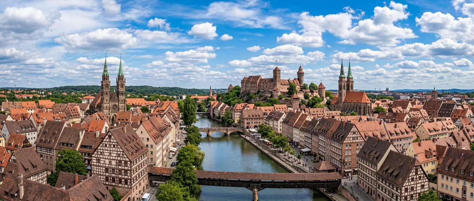 Panoramic view of Nuremberg old town skyline with Kaiserburg Imperial Castle, half-timbered houses along Pegnitz river, church spires, blue sky with scattered clouds