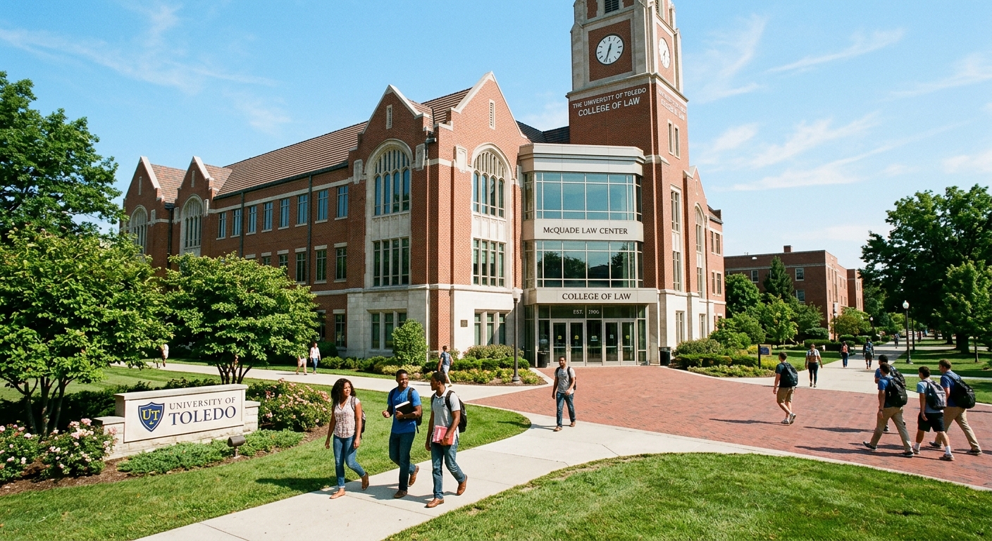 University of Toledo College of Law building exterior with brick architecture, green campus grounds, students walking near the Law Center in western Toledo Ohio, clear sky, modern academic setting