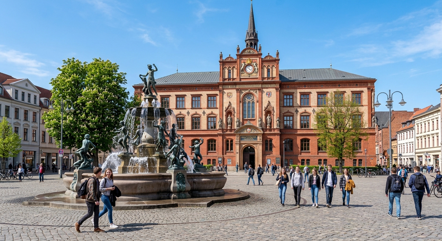 University of Rostock main building at Universitaetsplatz with historic Baroque facade, Brunnen der Lebensfreude fountain in foreground, red brick Gothic architecture, clear blue sky, students walking across the square