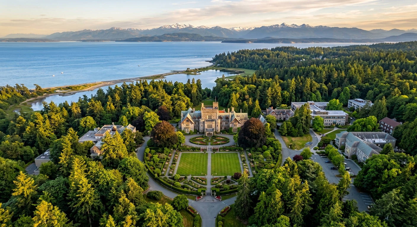 Aerial view of Royal Roads University campus at Hatley Park National Historic Site, Hatley Castle surrounded by old-growth forests and manicured gardens, Pacific Ocean shoreline and Olympic Mountains in the background, golden hour lighting