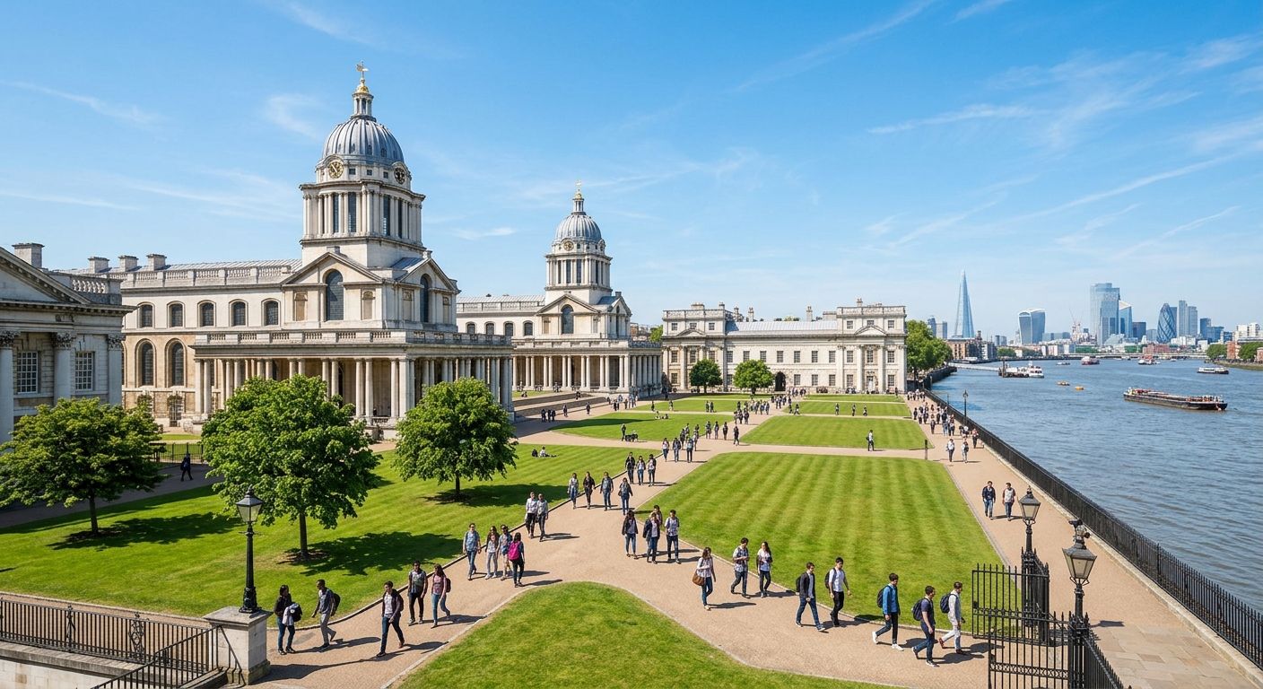 Historic University of Greenwich campus at the Old Royal Naval College on the banks of the River Thames, baroque architecture with green lawns, students walking between grand columned buildings under a clear sky