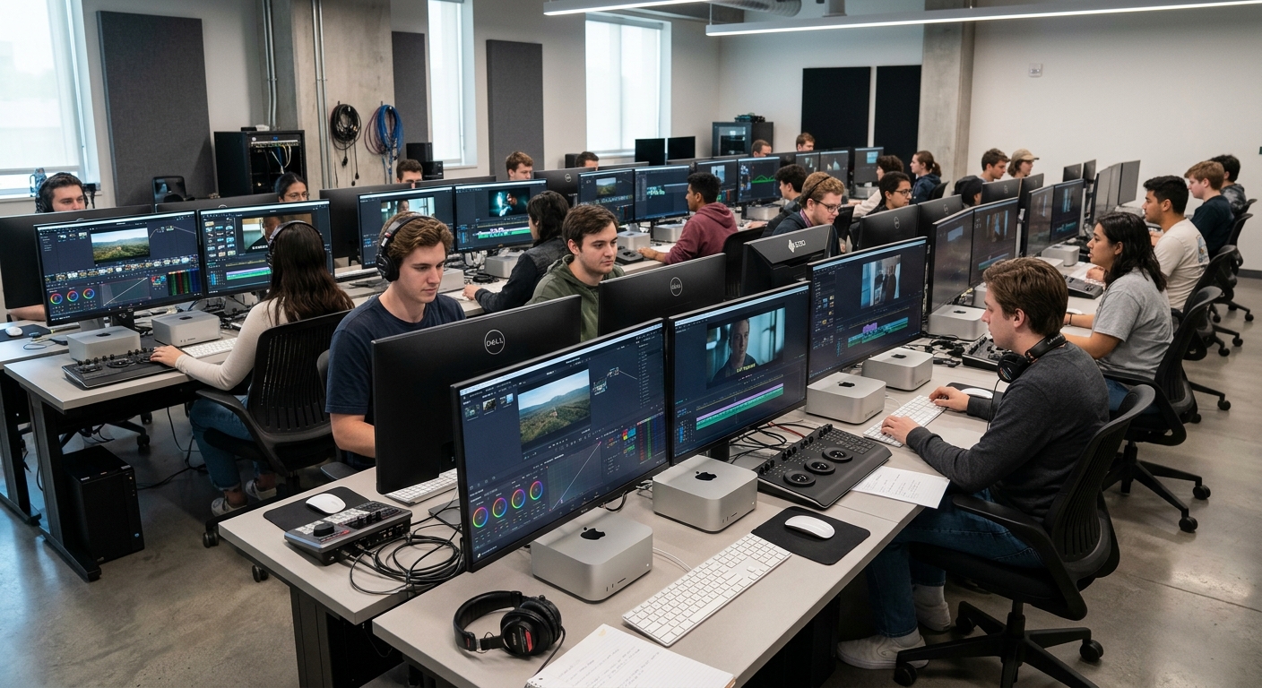 Modern film editing suite with rows of Apple Mac workstations, professional monitors displaying colour grading software, students working at editing stations