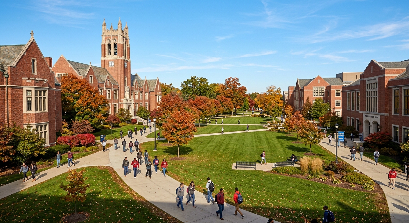 University of Toledo campus in Toledo Ohio with Centennial Mall green space, students walking between red-brick academic buildings, clear sky with autumn foliage