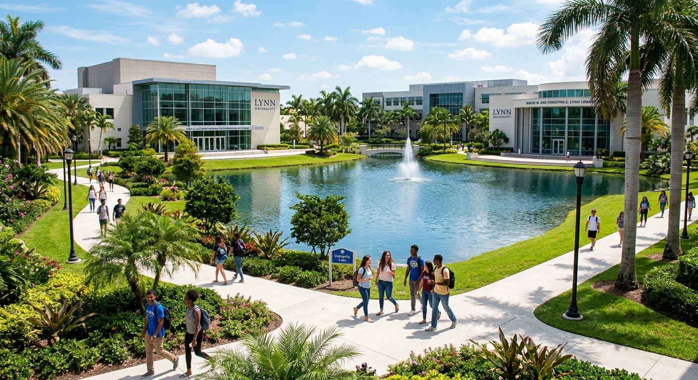 Modern Lynn University campus in Boca Raton Florida with palm trees, contemporary academic buildings, students walking along pathways, sunny blue sky, tropical landscaping with freshwater lakes