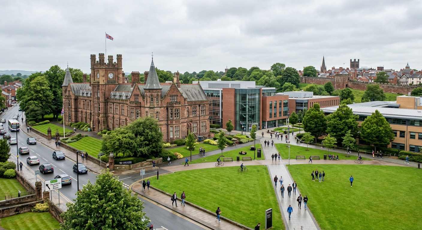 University of Chester Exton Park campus wide shot, Victorian Old College building alongside modern structures, green lawns, Parkgate Road, Chester city walls visible in background, overcast English sky