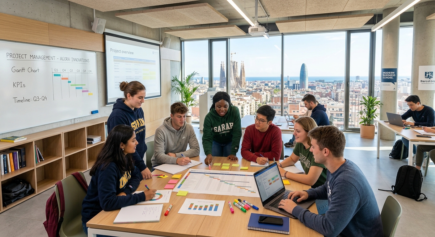 Modern business school campus in Barcelona, Spain, with international students collaborating on project management tasks in a bright contemporary classroom, city skyline visible through large windows