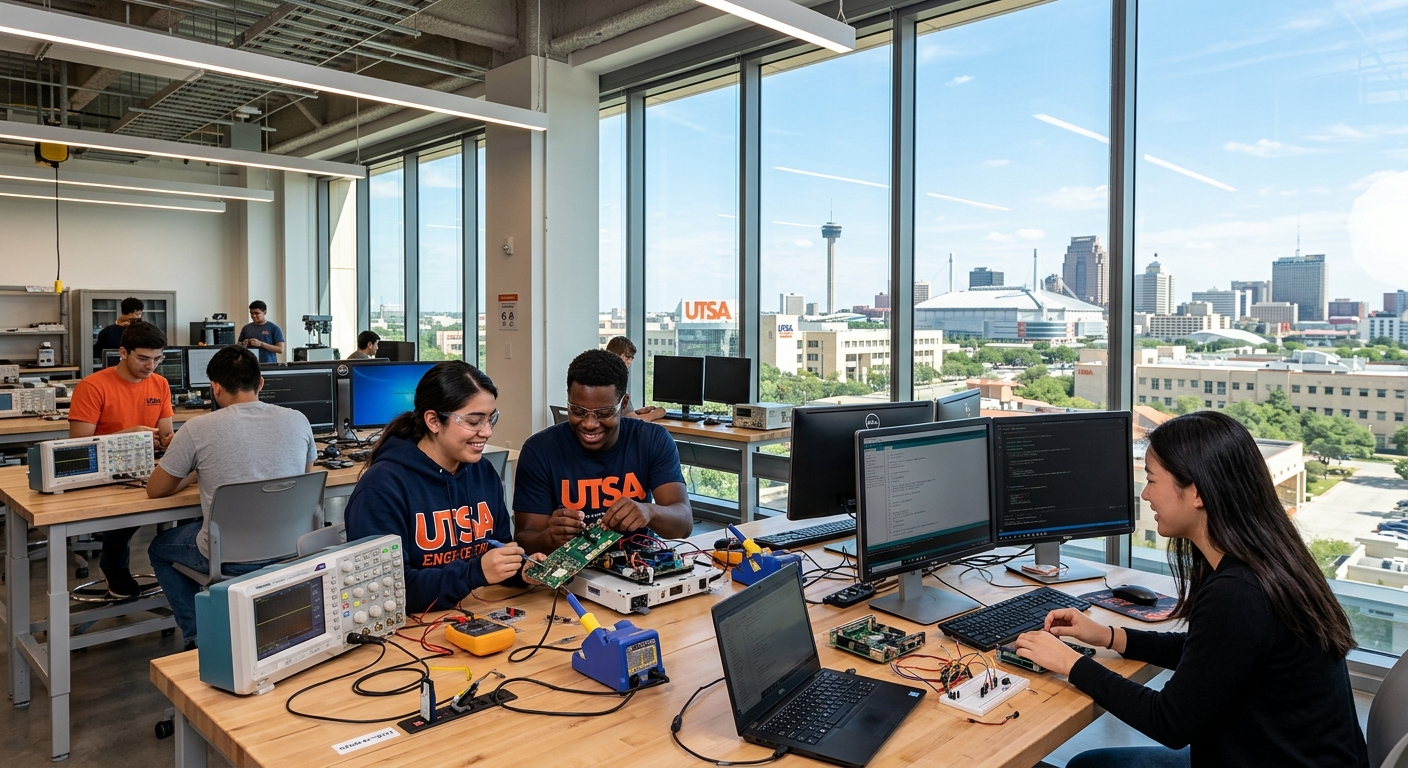 Modern engineering campus at the University of Texas at San Antonio, students working with circuit boards and computer hardware in a bright lab, downtown San Antonio skyline visible through windows
