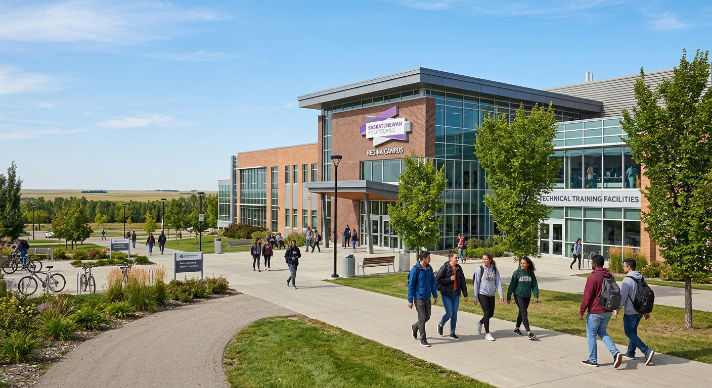 Saskatchewan Polytechnic Regina campus building exterior with modern technical training facilities, students walking on campus grounds, Canadian prairie landscape in background, clear sky