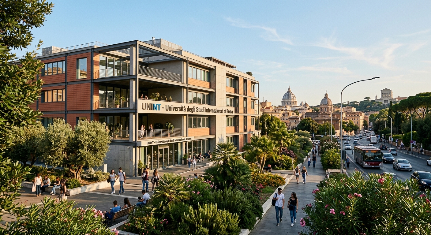 UNINT University campus building on Via Cristoforo Colombo in Rome, modern Italian architecture with Mediterranean landscaping, warm sunlight, Roman cityscape in background