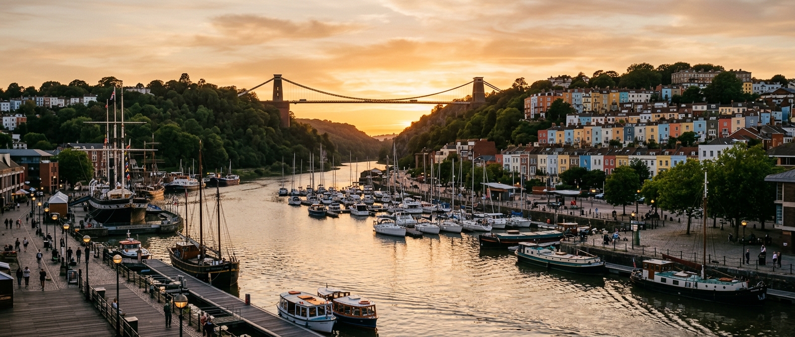 Panoramic view of Bristol harbourside at sunset, colourful houses of Clifton in the background, Clifton Suspension Bridge spanning the Avon Gorge, boats moored in the floating harbour, warm golden light