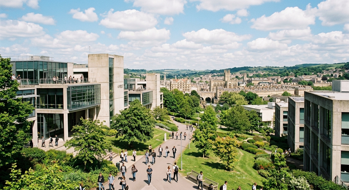 University of Bath campus on Claverton Down overlooking the historic city of Bath, modern concrete and glass engineering buildings surrounded by green landscaped grounds, students walking between lecture halls on a sunny day