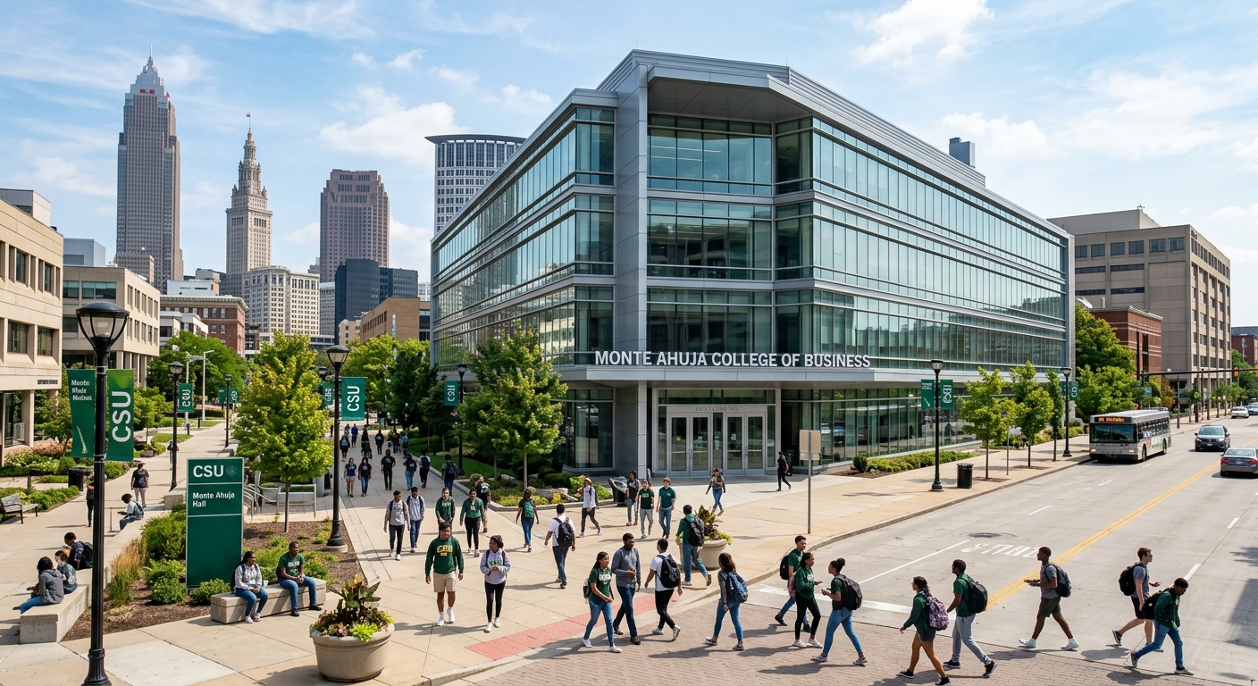Cleveland State University Monte Ahuja Hall modern business school building in downtown Cleveland Ohio, urban campus with glass facade, students walking on pathways, city skyline in background, bright daylight