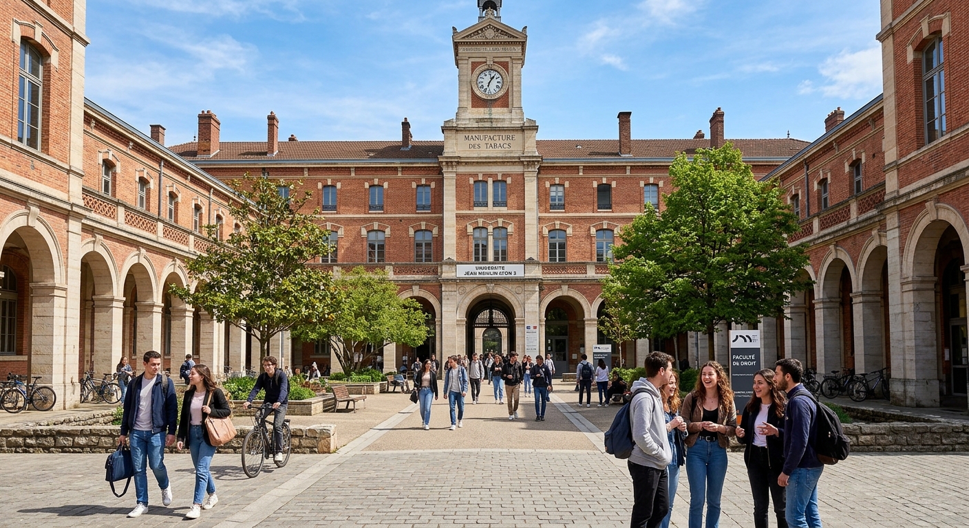 Historic Manufacture des Tabacs campus building of Jean Moulin Lyon 3 University in Lyon, France, with students walking through the courtyard, European architecture, sunny day