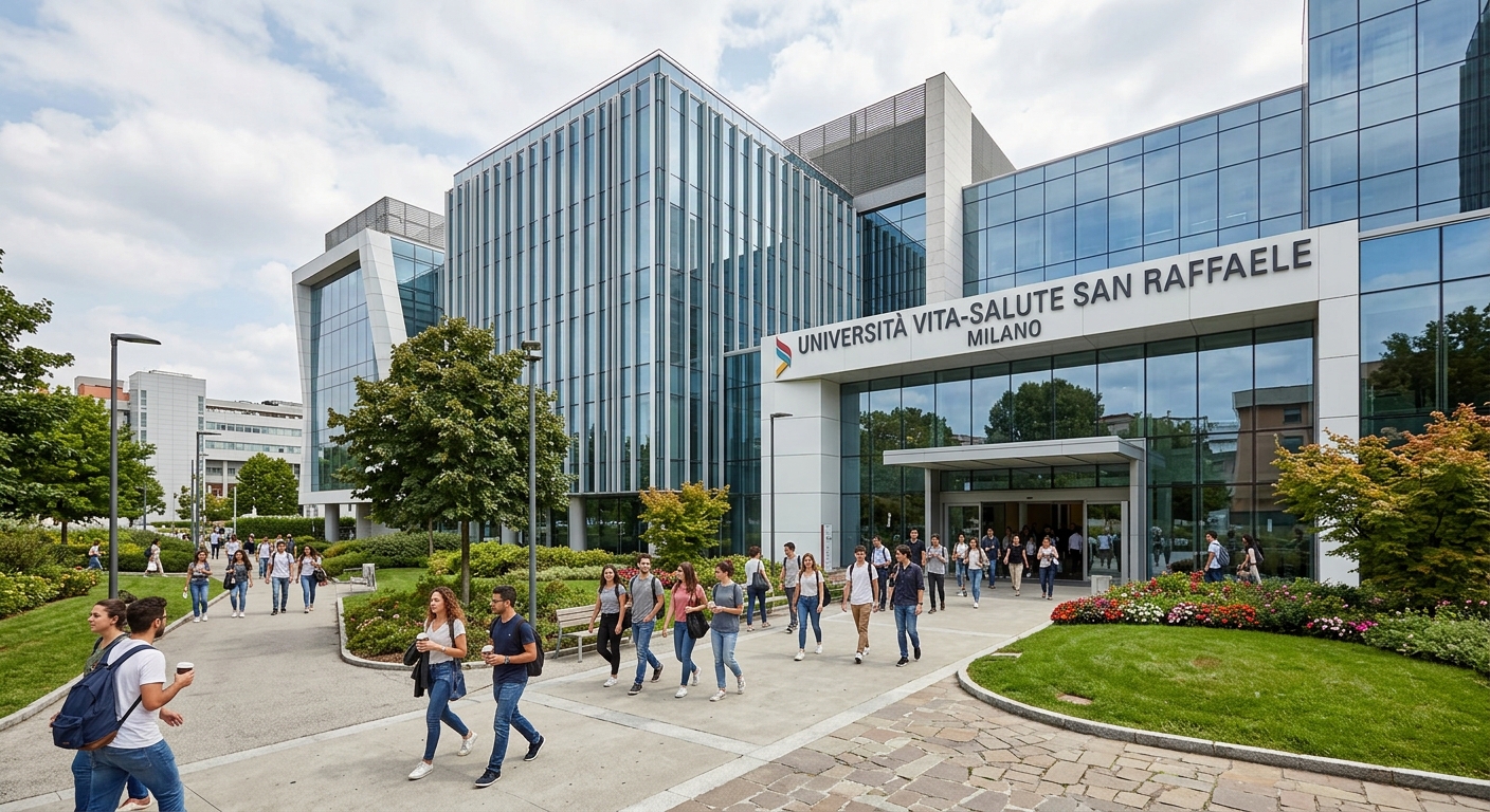 Modern Vita-Salute San Raffaele University main building exterior, contemporary architecture with glass facades, students walking on pathways, green landscaping, Milan Italy