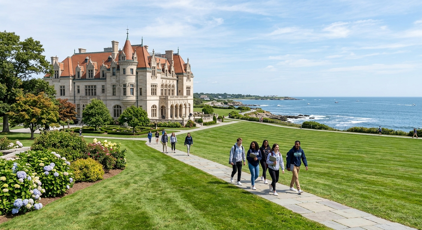 Historic Gilded Age mansion on Salve Regina University campus in Newport Rhode Island, oceanside setting with lush green lawns, students walking along pathways near Ochre Court, Atlantic Ocean visible in the background, bright sunny day